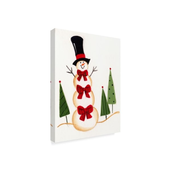 Beverly Johnston 'Snowman With Three Red Bows' Canvas Art,14x19